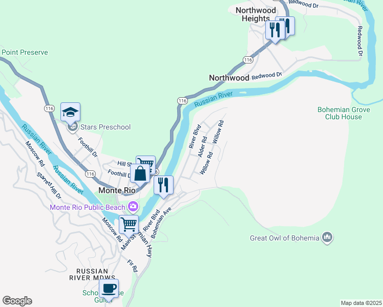 map of restaurants, bars, coffee shops, grocery stores, and more near 18101 Field Way in Monte Rio