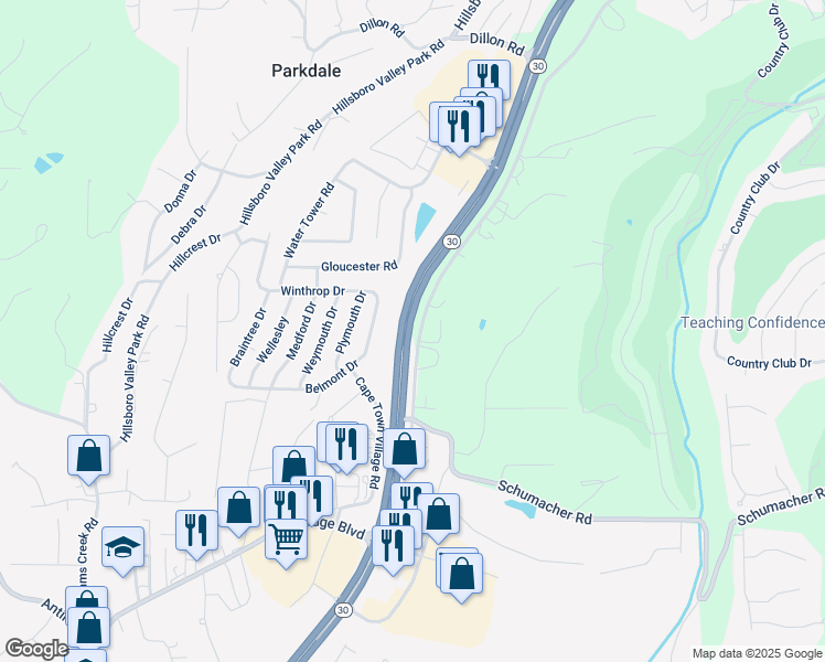 map of restaurants, bars, coffee shops, grocery stores, and more near Missouri 30 in High Ridge