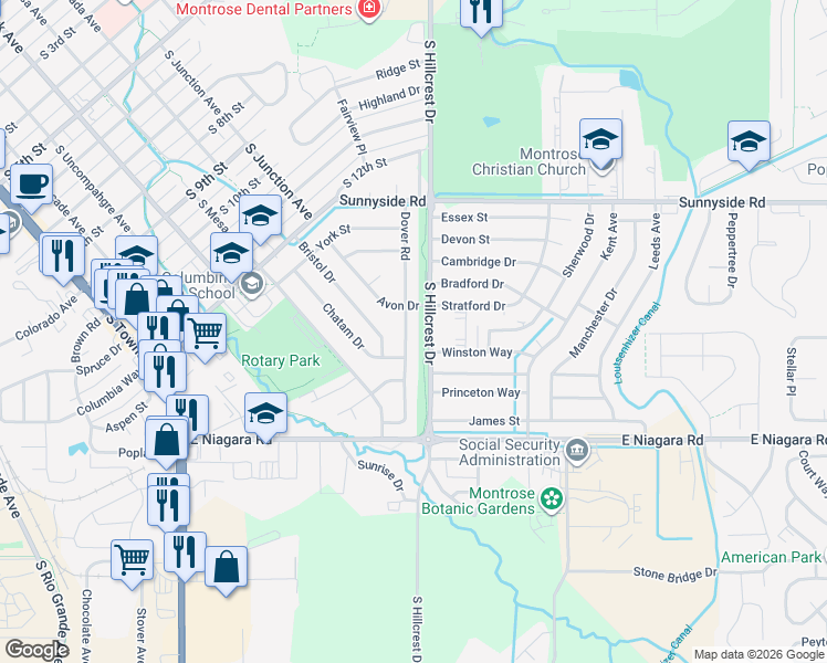 map of restaurants, bars, coffee shops, grocery stores, and more near 1513 Dover Road in Montrose