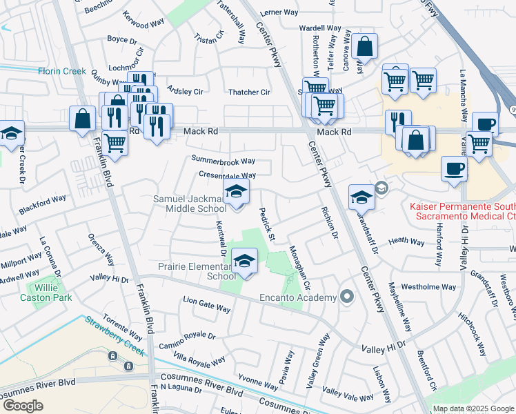 map of restaurants, bars, coffee shops, grocery stores, and more near 7896 Pedrick Street in Sacramento