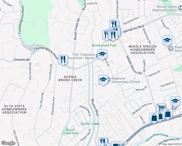 map of restaurants, bars, coffee shops, grocery stores, and more near 2143 Mission Boulevard in Santa Rosa