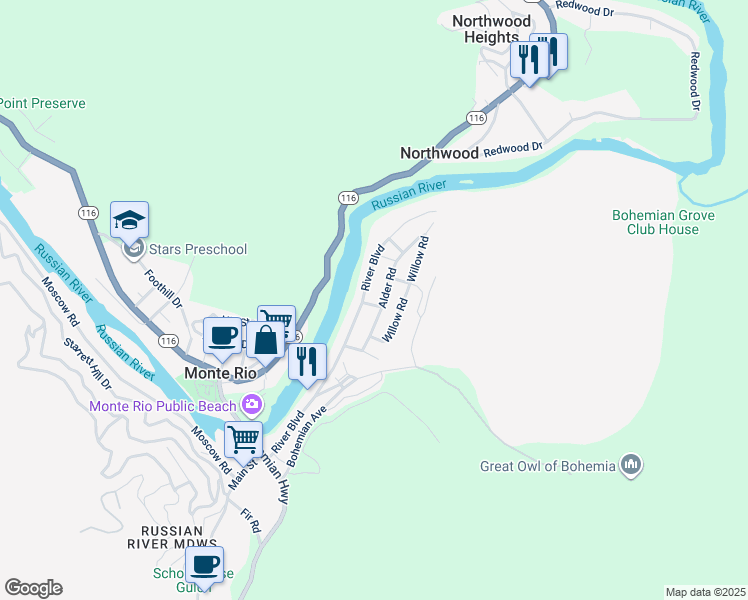 map of restaurants, bars, coffee shops, grocery stores, and more near 18101 Field Way in Monte Rio