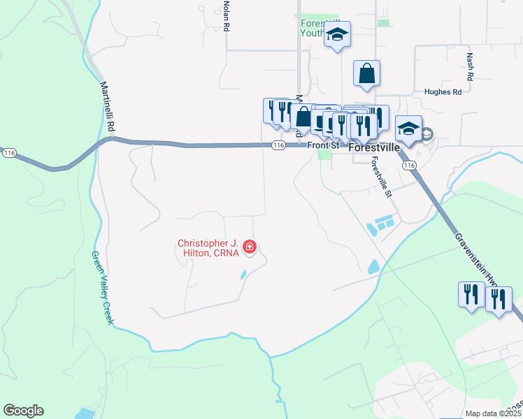 map of restaurants, bars, coffee shops, grocery stores, and more near 7404 Hidden Lake Road in Forestville