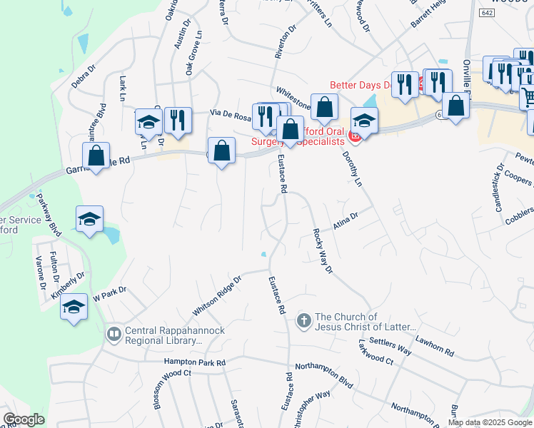 map of restaurants, bars, coffee shops, grocery stores, and more near 404 Cabin Court in Stafford
