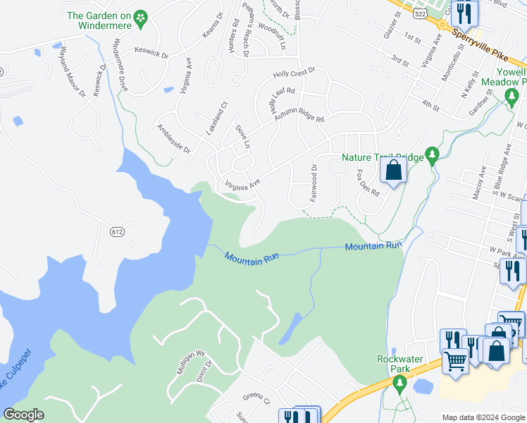 map of restaurants, bars, coffee shops, grocery stores, and more near Longview Lane in Culpeper