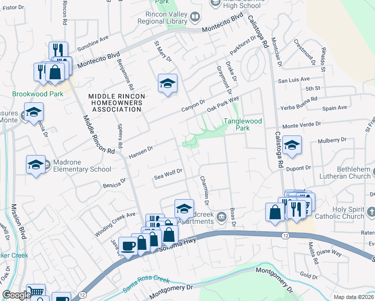 map of restaurants, bars, coffee shops, grocery stores, and more near 335 Algiers Court in Santa Rosa