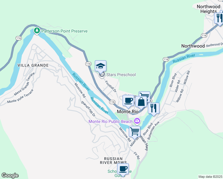 map of restaurants, bars, coffee shops, grocery stores, and more near 20586 Foothill Drive in Monte Rio