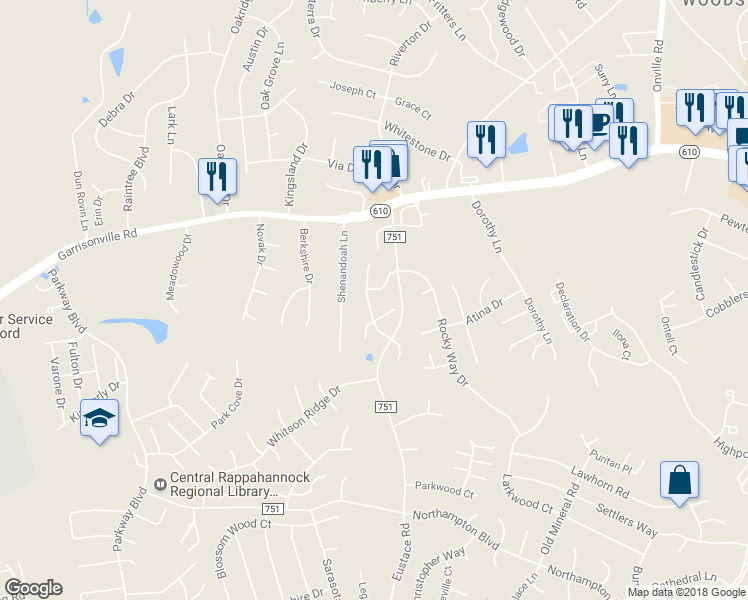 map of restaurants, bars, coffee shops, grocery stores, and more near 404 Cabin Court in Stafford