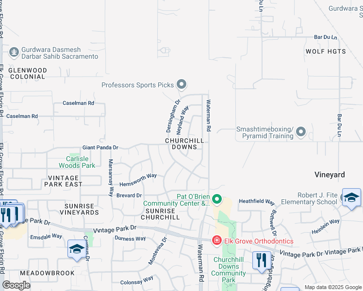 map of restaurants, bars, coffee shops, grocery stores, and more near 7901 Neyland Way in Sacramento