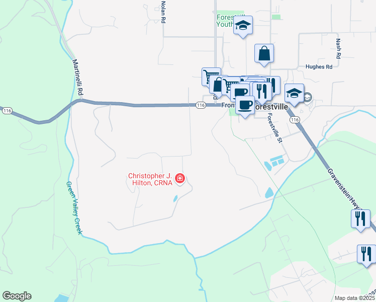 map of restaurants, bars, coffee shops, grocery stores, and more near 7404 Hidden Lake Road in Forestville
