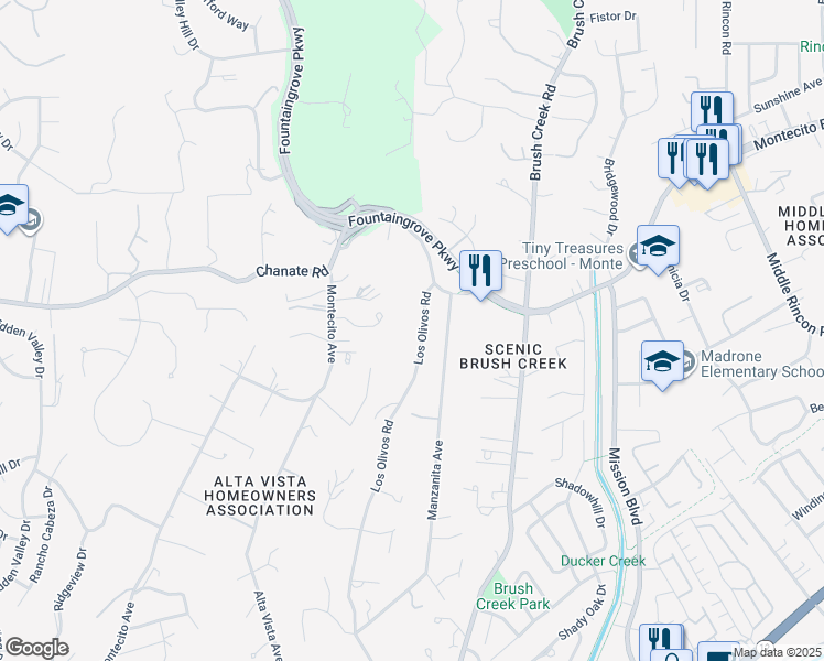 map of restaurants, bars, coffee shops, grocery stores, and more near 1881 Los Olivos Road in Santa Rosa