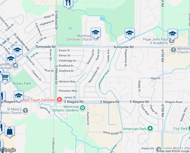 map of restaurants, bars, coffee shops, grocery stores, and more near 1421 Manchester Dr in Montrose