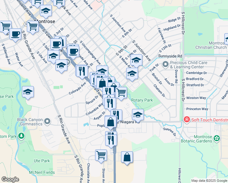 map of restaurants, bars, coffee shops, grocery stores, and more near 407 South 12th Street in Montrose