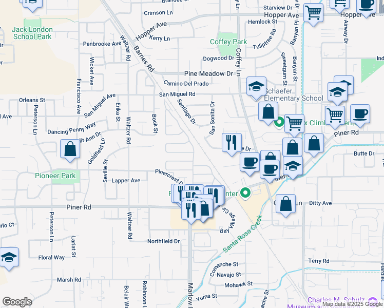 map of restaurants, bars, coffee shops, grocery stores, and more near 145 Orchard Blossom Drive in Santa Rosa