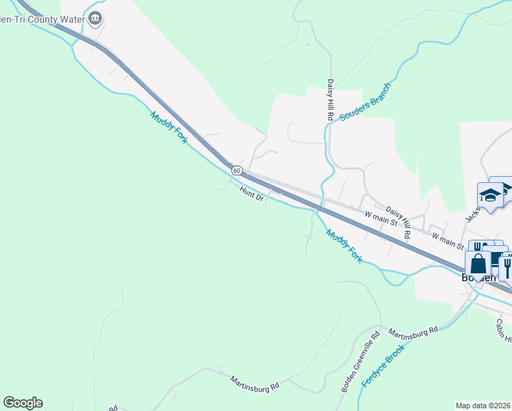 map of restaurants, bars, coffee shops, grocery stores, and more near 619 Hunt Drive in Borden