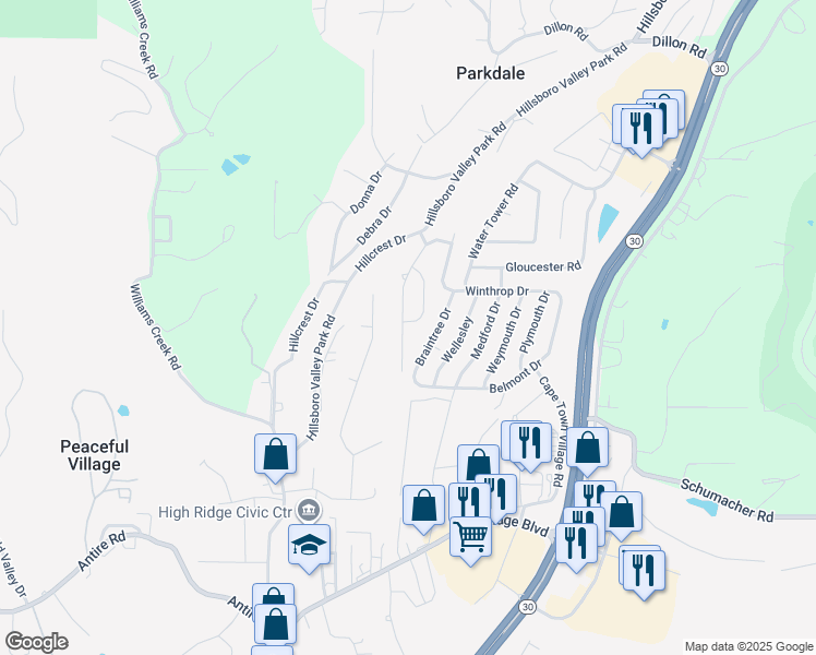 map of restaurants, bars, coffee shops, grocery stores, and more near 2560 Somerville Drive in High Ridge