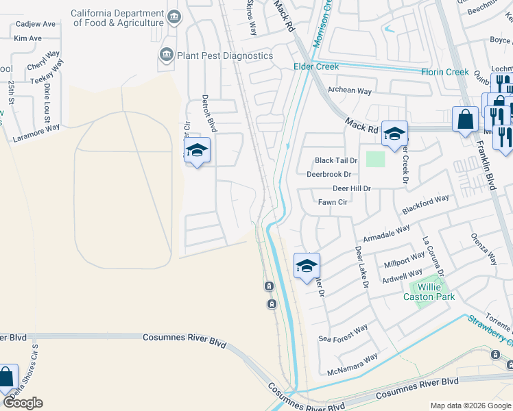 map of restaurants, bars, coffee shops, grocery stores, and more near 7895 Ann Arbor Way in Sacramento