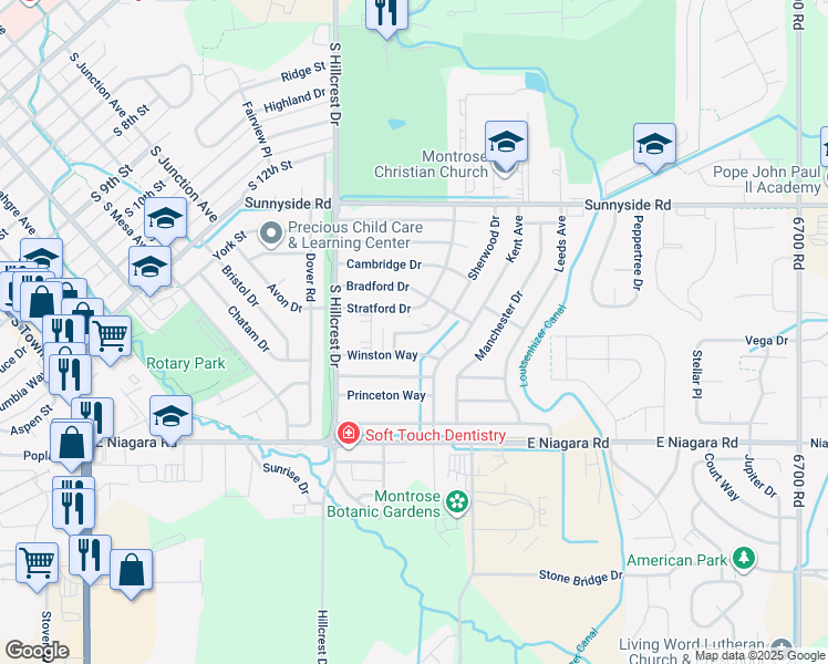 map of restaurants, bars, coffee shops, grocery stores, and more near 2130 Hartford Way in Montrose