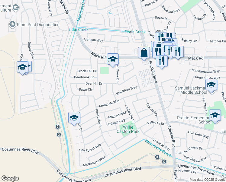 map of restaurants, bars, coffee shops, grocery stores, and more near 4281 Blackford Way in Sacramento