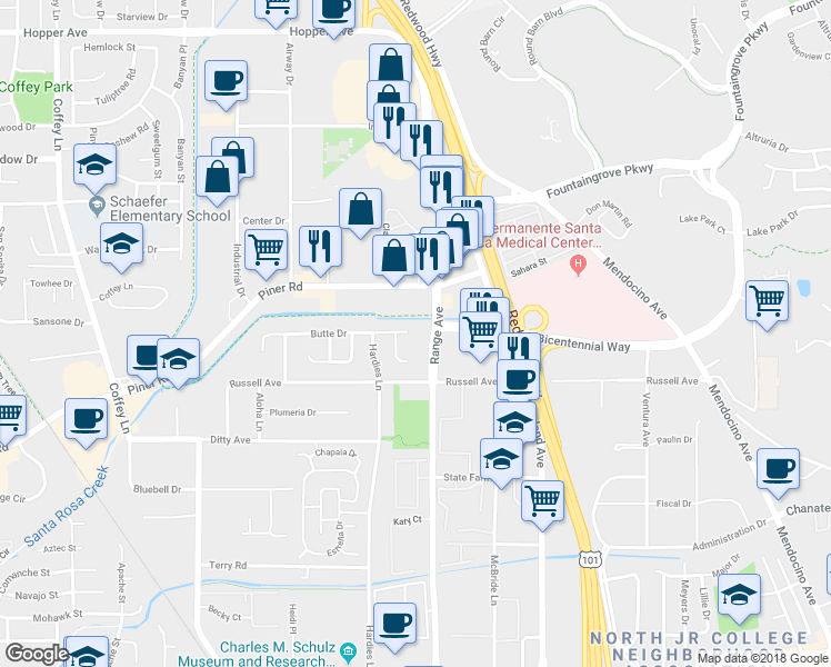 map of restaurants, bars, coffee shops, grocery stores, and more near 901 Butte Drive in Santa Rosa