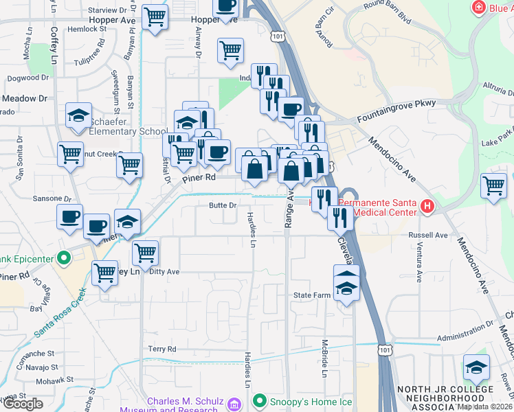 map of restaurants, bars, coffee shops, grocery stores, and more near 3037 Mono Drive in Santa Rosa