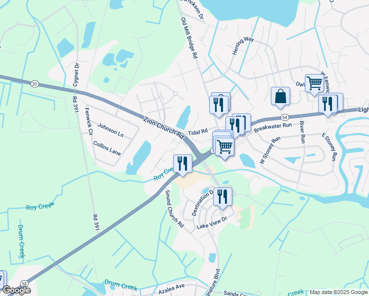 map of restaurants, bars, coffee shops, grocery stores, and more near 36344 Leyland Lane in Selbyville