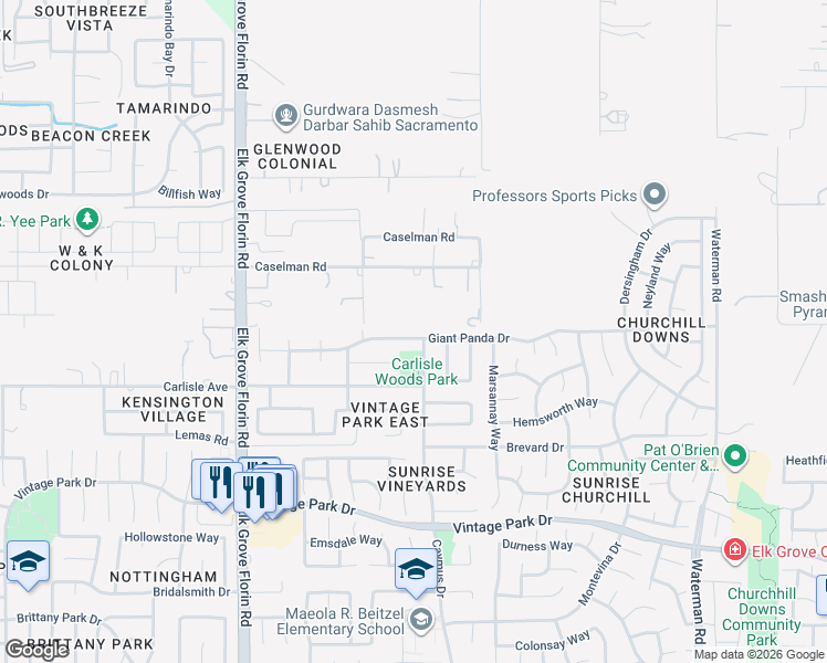 map of restaurants, bars, coffee shops, grocery stores, and more near 9041 Giant Panda Drive in Sacramento