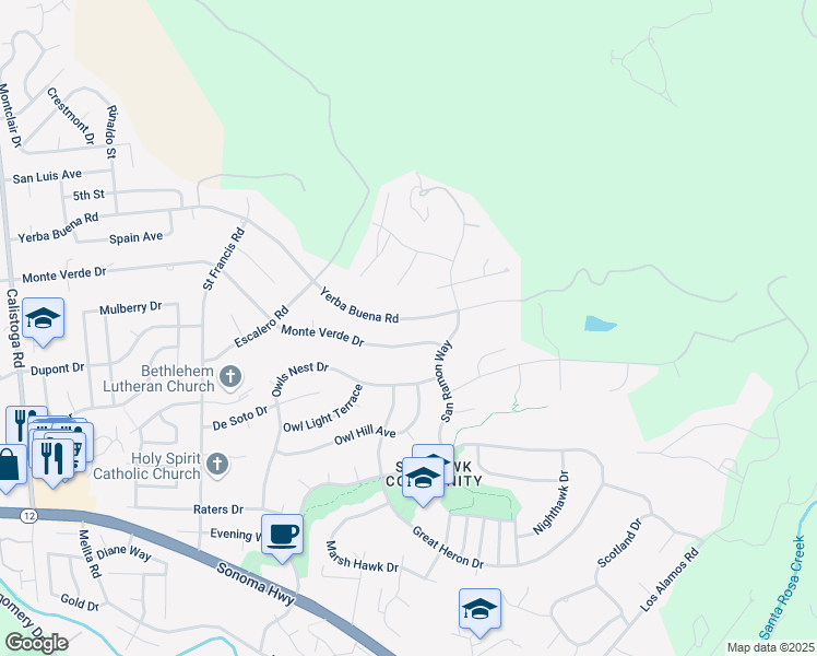 map of restaurants, bars, coffee shops, grocery stores, and more near 5922 Yerba Buena Road in Santa Rosa