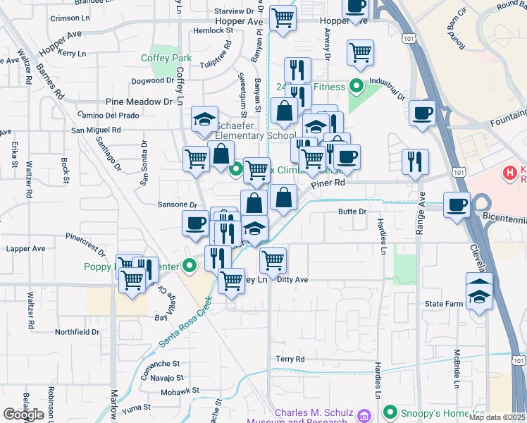 map of restaurants, bars, coffee shops, grocery stores, and more near 1020 Center Drive in Santa Rosa