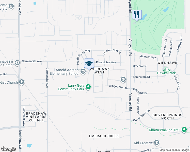map of restaurants, bars, coffee shops, grocery stores, and more near 9980 Arthur Hills Court in Sacramento