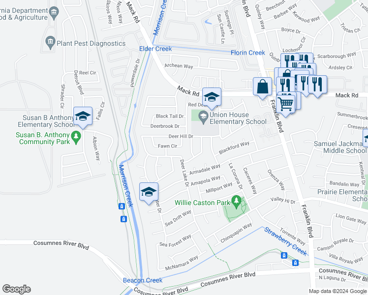 map of restaurants, bars, coffee shops, grocery stores, and more near 4110 Fawn Circle in Sacramento
