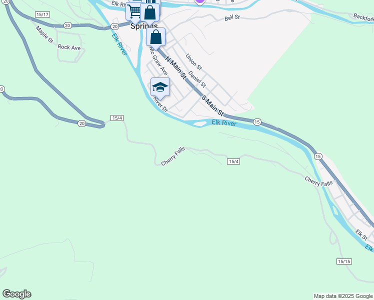 map of restaurants, bars, coffee shops, grocery stores, and more near Cherry Falls in Webster Springs