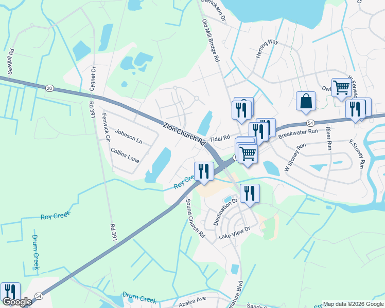 map of restaurants, bars, coffee shops, grocery stores, and more near 21116 Arrington Drive in Selbyville