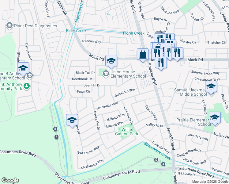 map of restaurants, bars, coffee shops, grocery stores, and more near 4281 Blackford Way in Sacramento