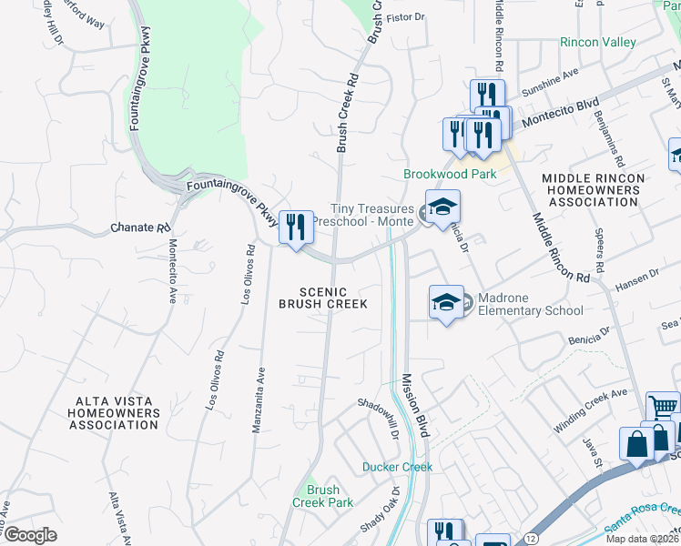 map of restaurants, bars, coffee shops, grocery stores, and more near 2012 Brush Creek Road in Santa Rosa