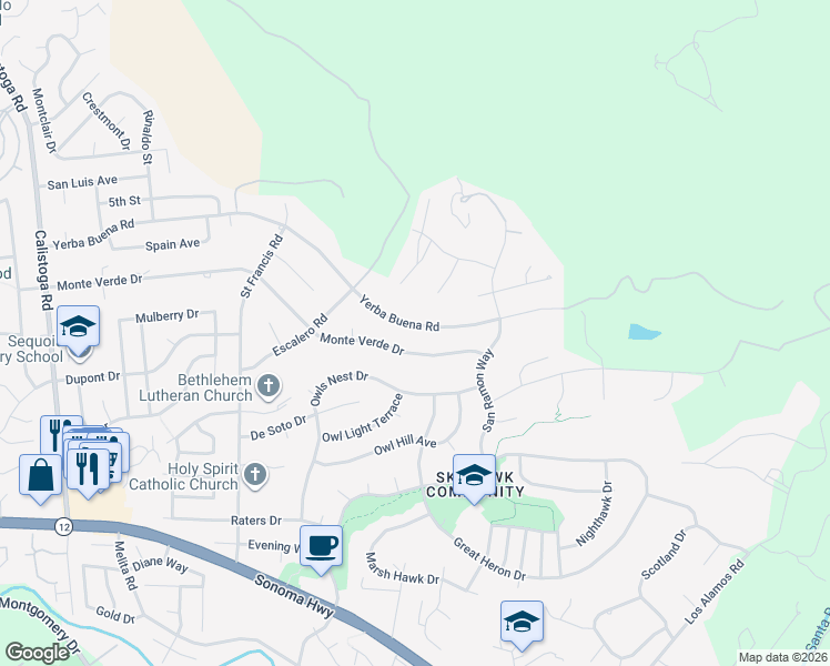 map of restaurants, bars, coffee shops, grocery stores, and more near 5848 Yerba Buena Road in Santa Rosa