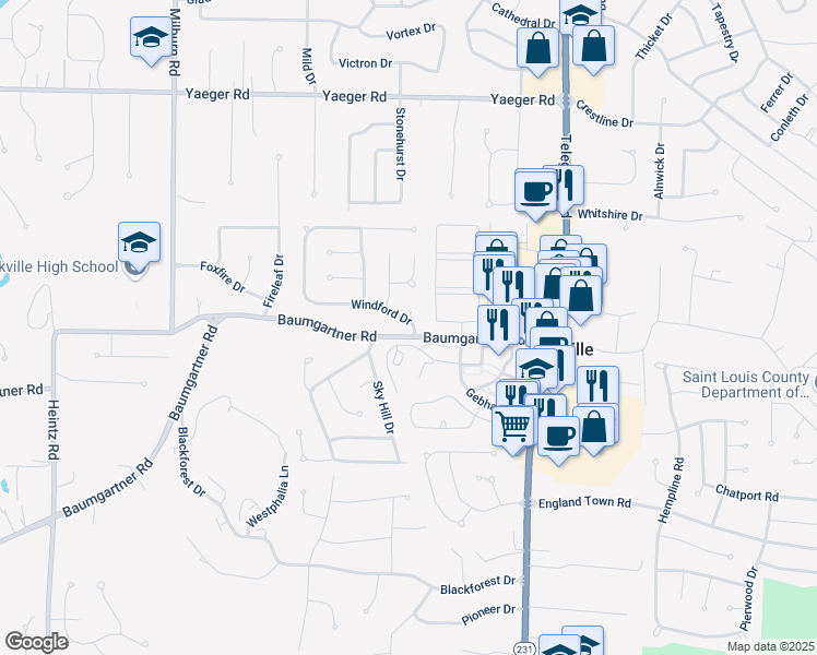 map of restaurants, bars, coffee shops, grocery stores, and more near 2704 Windford Drive in St. Louis