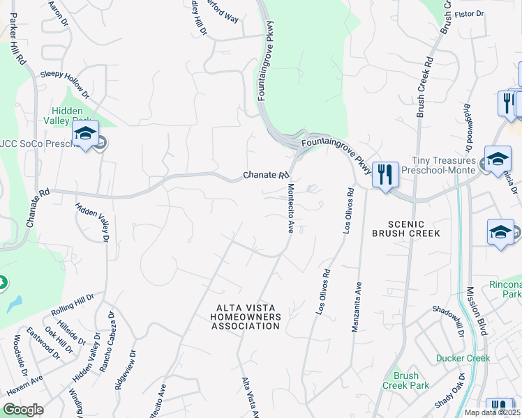map of restaurants, bars, coffee shops, grocery stores, and more near 4931 Montecito Avenue in Santa Rosa