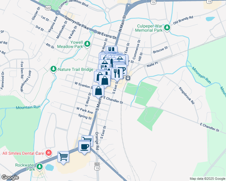 map of restaurants, bars, coffee shops, grocery stores, and more near 406 South East Street in Culpeper