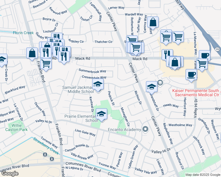 map of restaurants, bars, coffee shops, grocery stores, and more near 7896 Pedrick Street in Sacramento