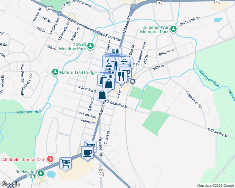 map of restaurants, bars, coffee shops, grocery stores, and more near 406 South East Street in Culpeper
