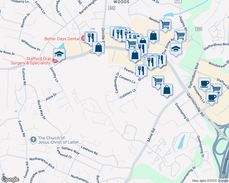 map of restaurants, bars, coffee shops, grocery stores, and more near 123 Candlestick Drive in Stafford