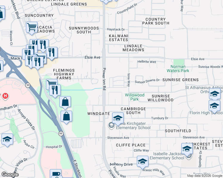 map of restaurants, bars, coffee shops, grocery stores, and more near 7861 Roesboro Circle in Sacramento