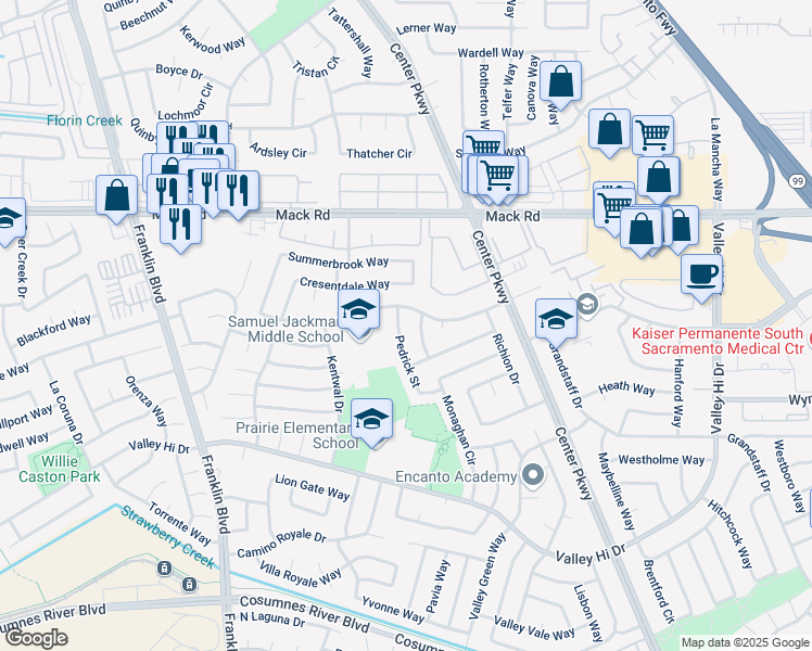 map of restaurants, bars, coffee shops, grocery stores, and more near 7896 Pedrick Street in Sacramento