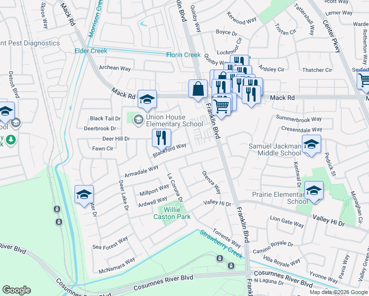 map of restaurants, bars, coffee shops, grocery stores, and more near 4445 Armadale Way in Sacramento