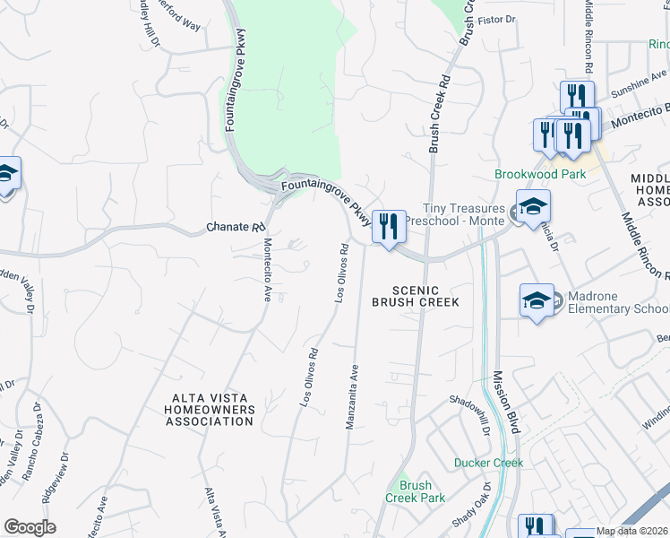 map of restaurants, bars, coffee shops, grocery stores, and more near 1881 Los Olivos Road in Santa Rosa
