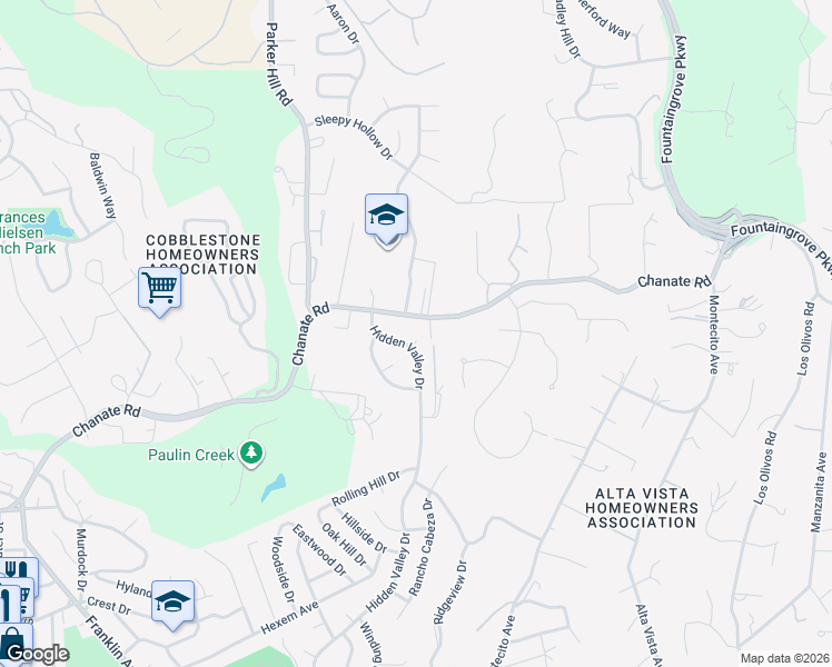 map of restaurants, bars, coffee shops, grocery stores, and more near 3261 Hidden Valley Drive in Santa Rosa