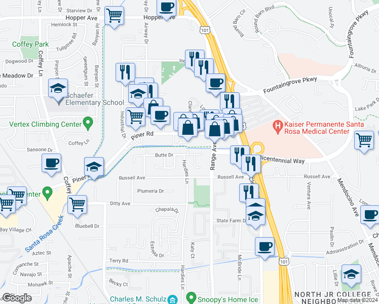 map of restaurants, bars, coffee shops, grocery stores, and more near 3037 Mono Drive in Santa Rosa