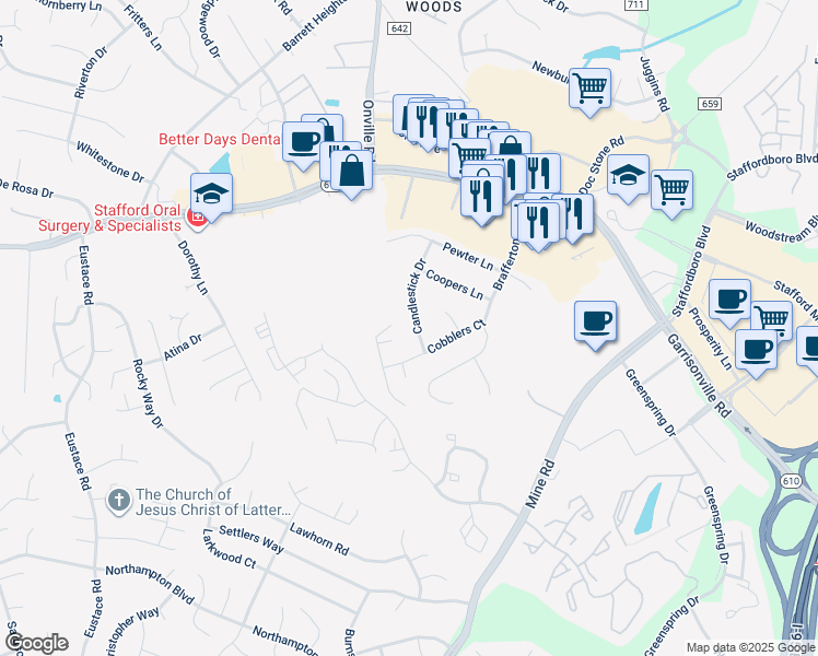 map of restaurants, bars, coffee shops, grocery stores, and more near 123 Candlestick Drive in Stafford