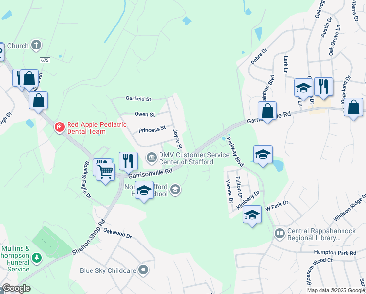 map of restaurants, bars, coffee shops, grocery stores, and more near 6 Joyce Street in Stafford